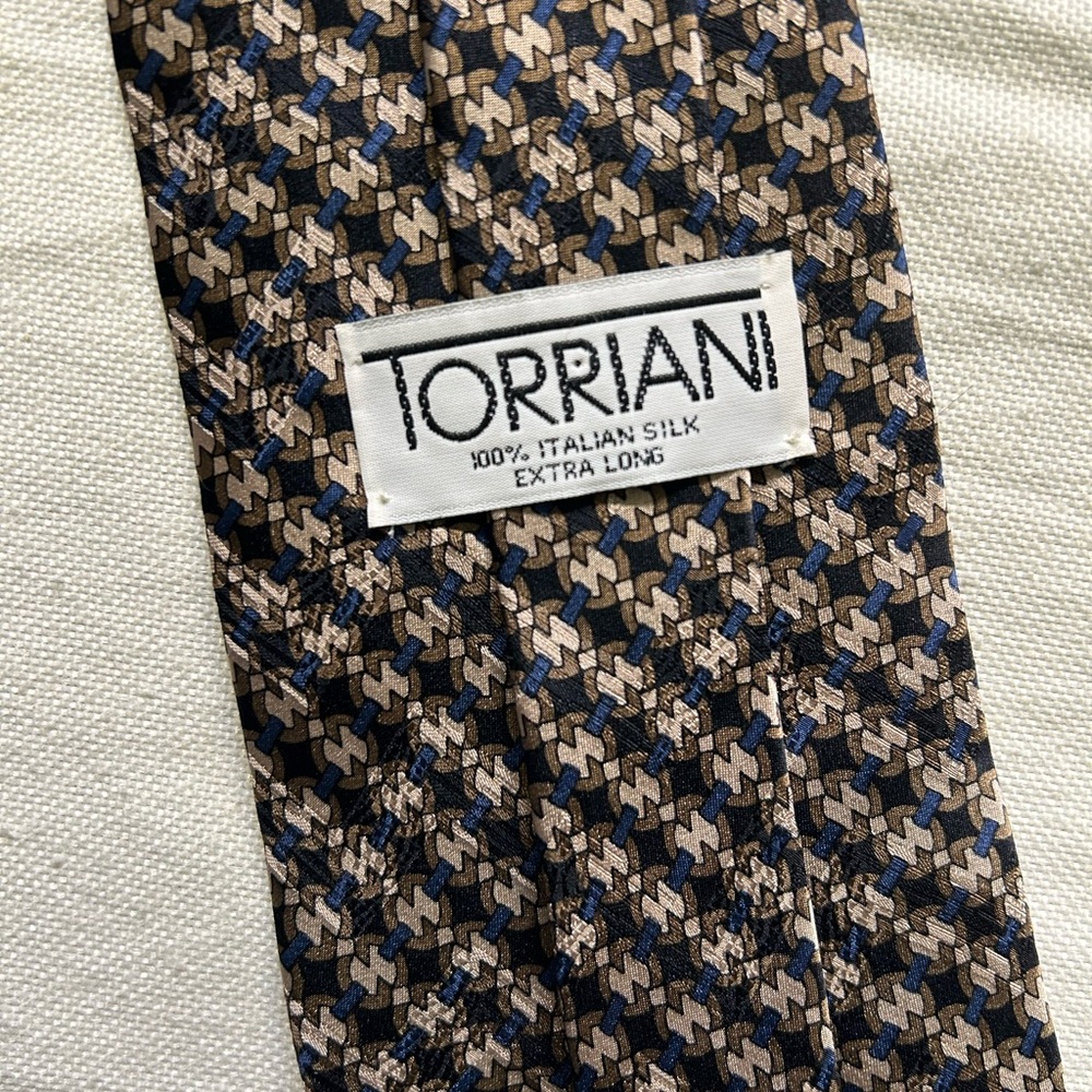 Torriani Italian Silk Tie, Extra Long, Geometric, Brown & Blue, Men’s Tie